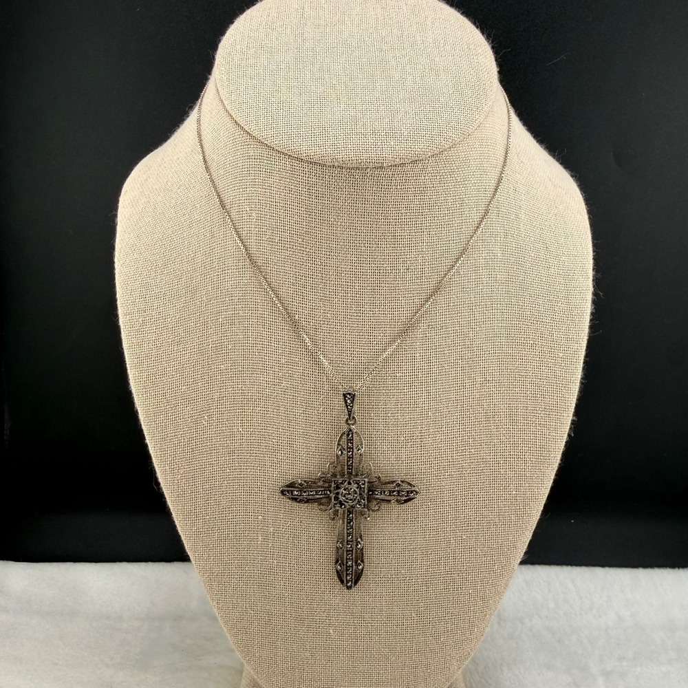 Vintage Estate Cross Necklace Silver Marcasite Religious Pendant 26in